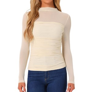 INSPIRE CHIC Women's Solid Mock Neck Mesh Sheer Long Sleeve Ruched Blouses - 1 of 4