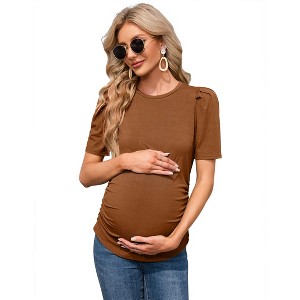 Short Sleeve Solid Color Tight Pleated Maternity Top - 1 of 2