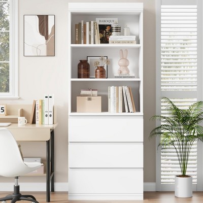 70" Farmhouse Bookcase with Drawers - Wooden Storage Cabinet, Deep Shelves Organizer for Living Room, Office, Study