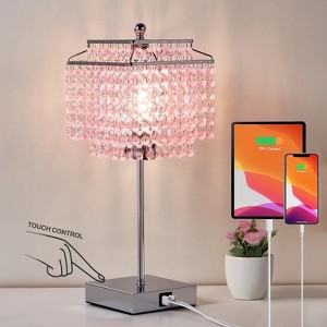 GTCLIGHTING Crystal Touch Table Lamp, Pink Bedside Lamp with USB C+A Ports, 3-Way Dimmable Lamp with Crystal Shade, Nightstand Lamp for Girl Bedroom - 1 of 4
