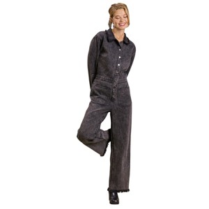 Slickblue Women’s Stone Wash Wide-Leg Distressed Jumpsuit, Button-Down Front, Side Pockets, Edgy Look, S-L, Black - 1 of 4