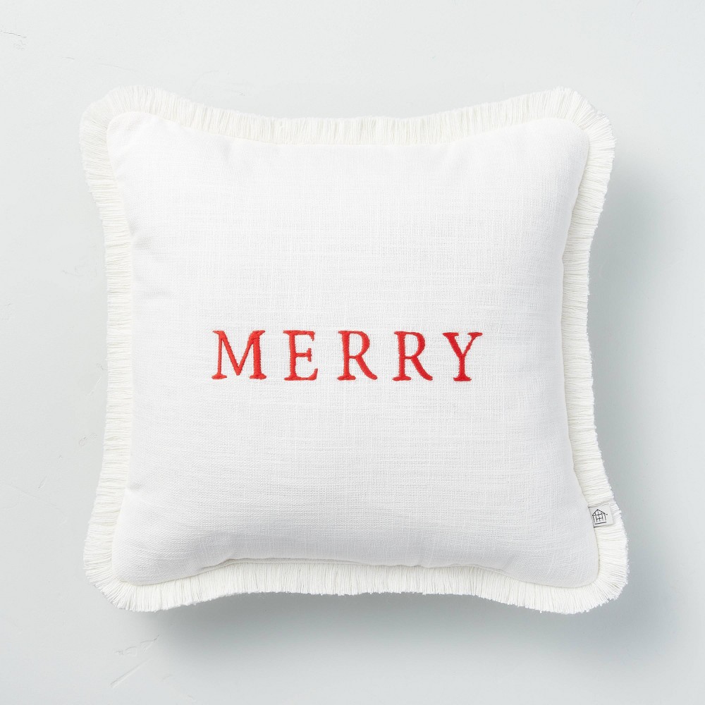 14" x 14" Merry Embroidered Seasonal Throw Pillow Red/Cream - Hearth & Hand with Magnolia