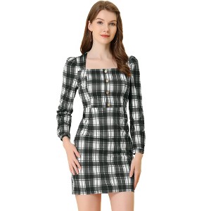 INSPIRE CHIC Women's Square Neck Long Puff Sleeve Plaid Bodycon Dress - 1 of 4