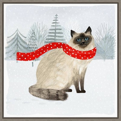 16" x 16" Christmas Cats and Dogs III by Victoria Borges Framed Canvas Wall Art - Amanti Art