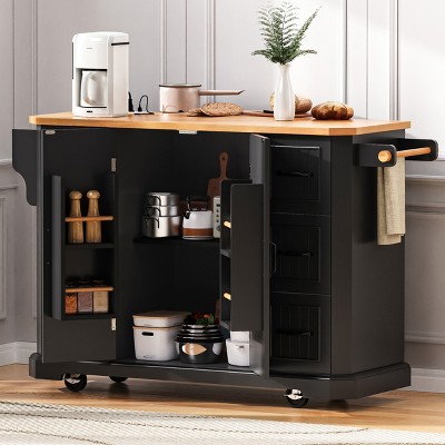 56 inch Kitchen Island with Rubber Wood Veneer Drop Leaf, Power Outlet, 4 Door Shelves, Embossed Vertical Stripe Rolling Kitchen Cart on 4 Wheels