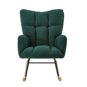 Gulches Green Teddy Tufted High Back Metal Frame Glider Chair Set of 1 Wide Seat Rubber Wood Base 300 lb Living Room Bedroom Accent Chair - 1 of 4