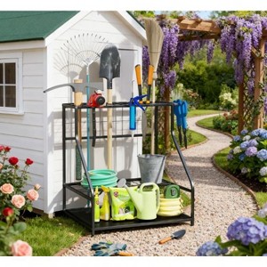 ORRD Heavy-Duty 3-Tier Garden Tool Organizer with Hooks, Black Rust-Resistant Metal Storage Rack for Garage & Shed - 1 of 4