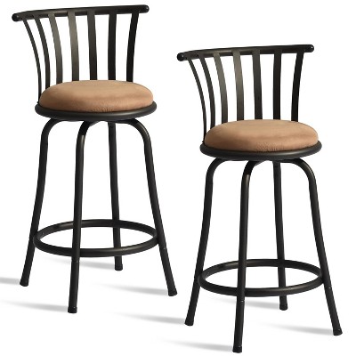 HomeRoots Set of Two 24" Brown and Black Microfiber and Metal Low Back Counter Height Swivel Bar Chairs