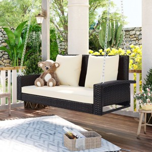 PE Wicker Hanging Porch Swing,2-Persons Lounge Chair with Cushions And Chains,Outdoor Patio Rattan Swing Bench-Cuddlewood - 1 of 4