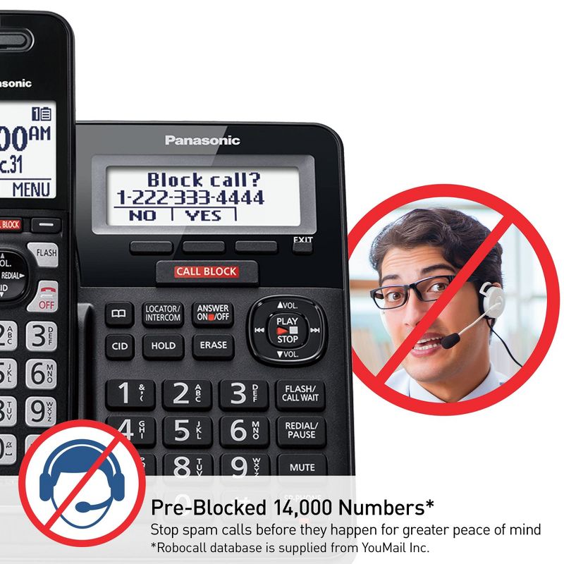 Panasonic Cordless Phone with Advanced Call Block, One-Ring Scam Alert, and 2-Way Recording with Answering Machine, 4 Handsets - KX-TGF944B (Black), 3 of 7