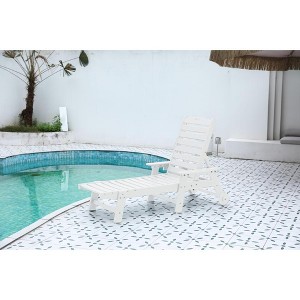Gulches White Oversized HDPE Chaise Lounge Chair with Wood Texture, 5-Position Adjustable Backrest, Wheels & Cup Holder, 400LBS Capacity - 1 of 4