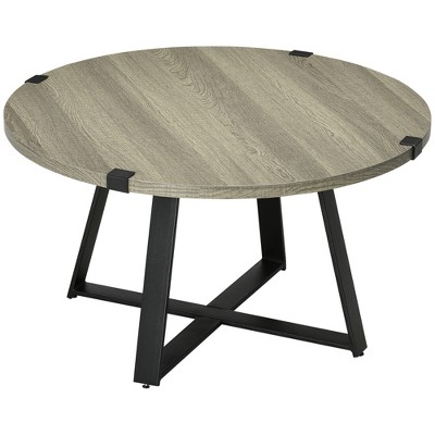 Round Light Gray Wood and Metal Coffee Table