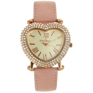 Peugeot Women's Heart Shaped Rose Gold Crystal Watch with Pink Suede Strap - 1 of 4