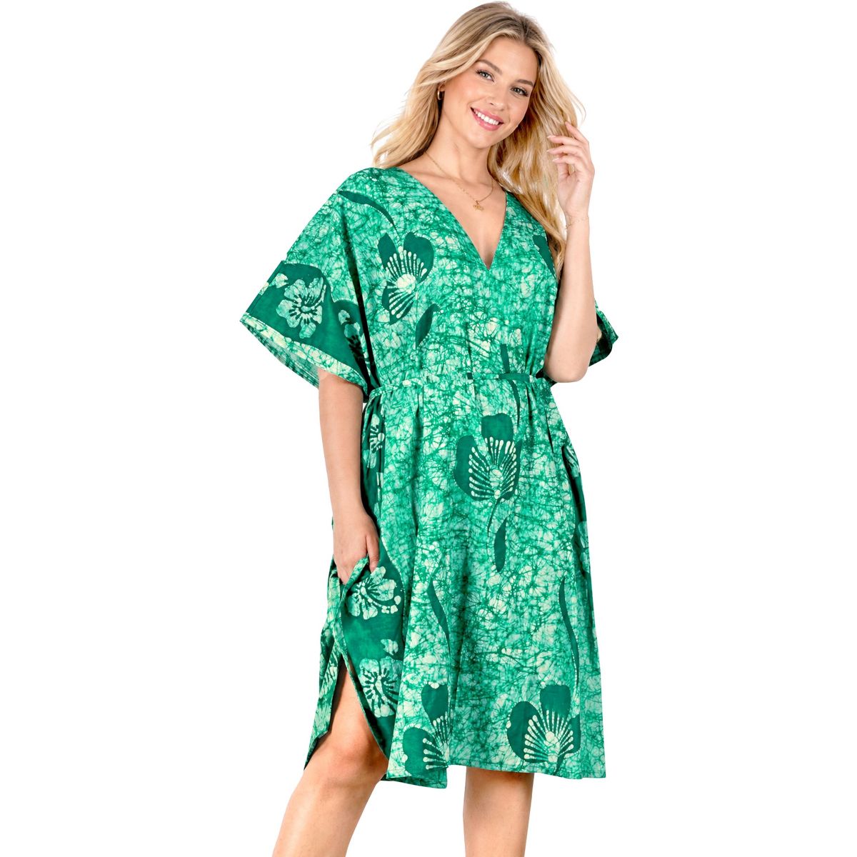 LA LEELA Summer Cotton Resortwear Caftan for Women Vacation Cruise Holiday Loungewear Maternity Friendly Beachwear Dress 2X-3X Green Floral