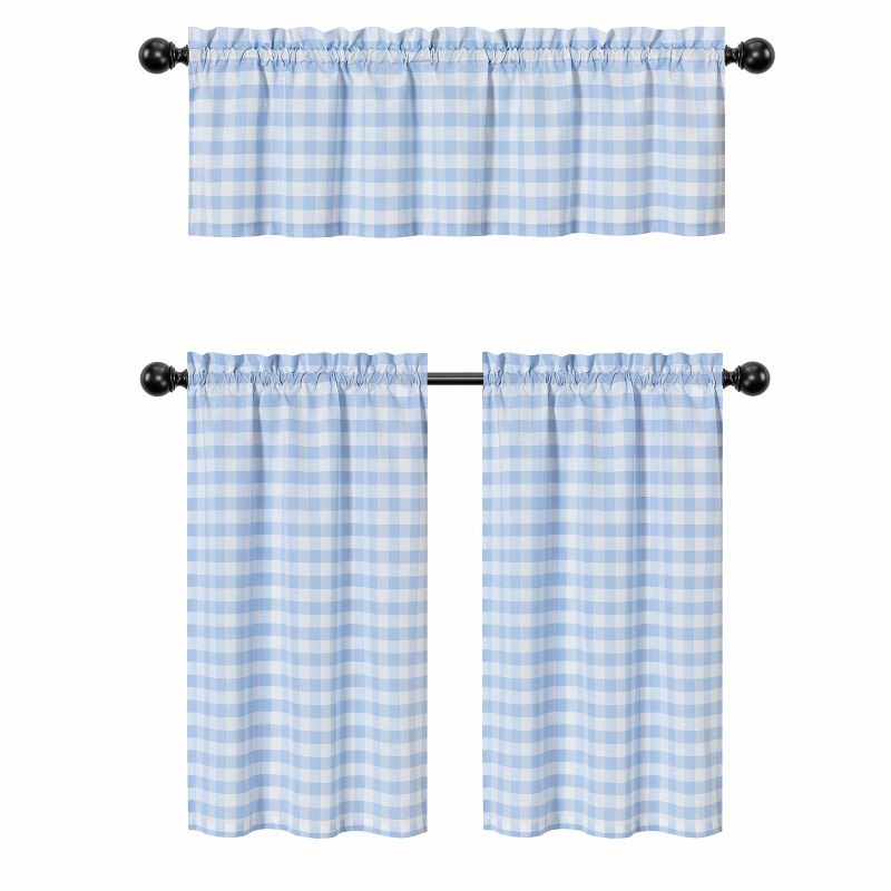 Kate Aurora Country Farmhouse Living Blue Plaid Gingham 3 Pc Kitchen Curtain Tier And Valance Set - 56 in. W x 36 in. L, 2 of 3