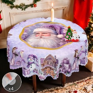 Christmas Tablecloth with Santa, Reindeer and Snowman Designs, Dustproof Dining Table Cover for Festive Holiday Decor - 1 of 4