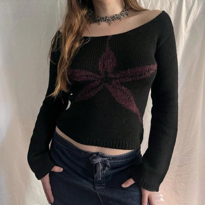 Clotth Women's Y2K Off Shoulder Sweater - Vintage Aesthetic Top, Floral Print, Long Sleeve, Slim Fit Knit Shirt, Ribbed Fairy Grunge Crop Top