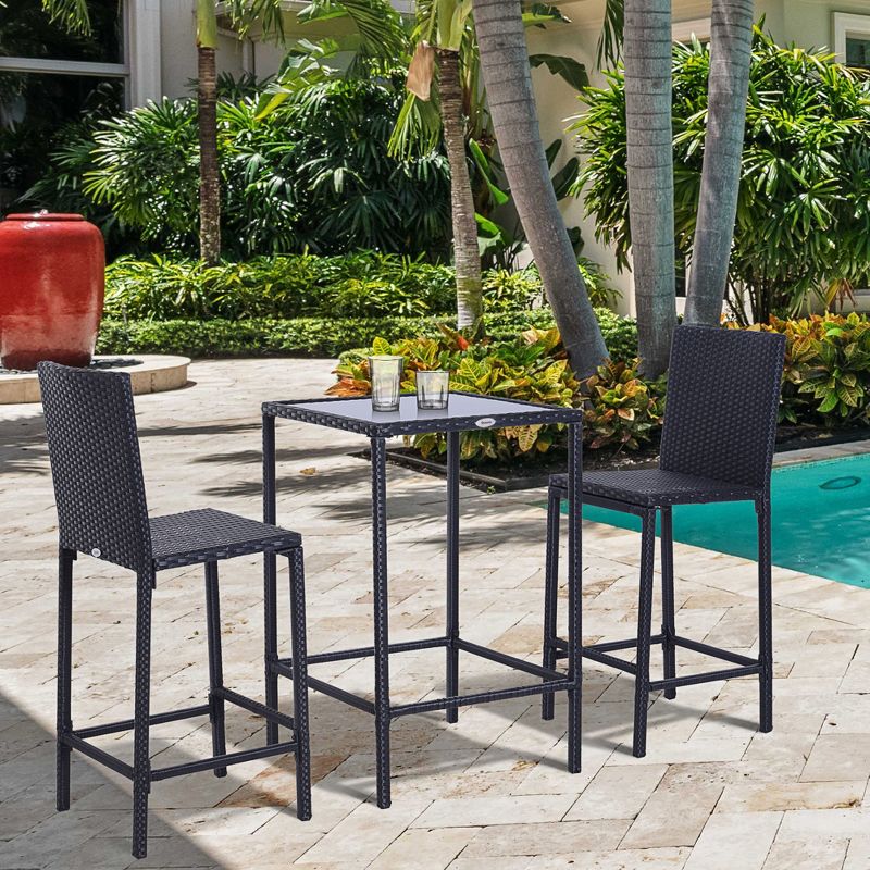 Outsunny 3 PCS Rattan Bar Set with Glass Top Table, 2 Bar Stools for Outdoor, Patio, Garden, Poolside, Backyard, 3 of 9