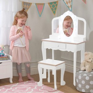 Kids Vanity Table and Chair Set with Light, Girls Vanity with Mirror, Drawer and Pretend Playset - 1 of 4