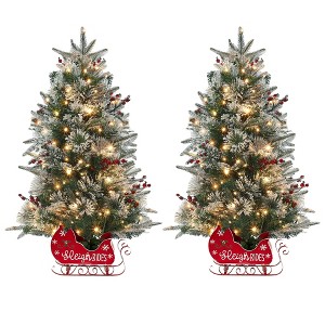 4.5 Ft Prelit Snow Flocked Christmas Tree with Sleigh Ride Base - 1 of 4