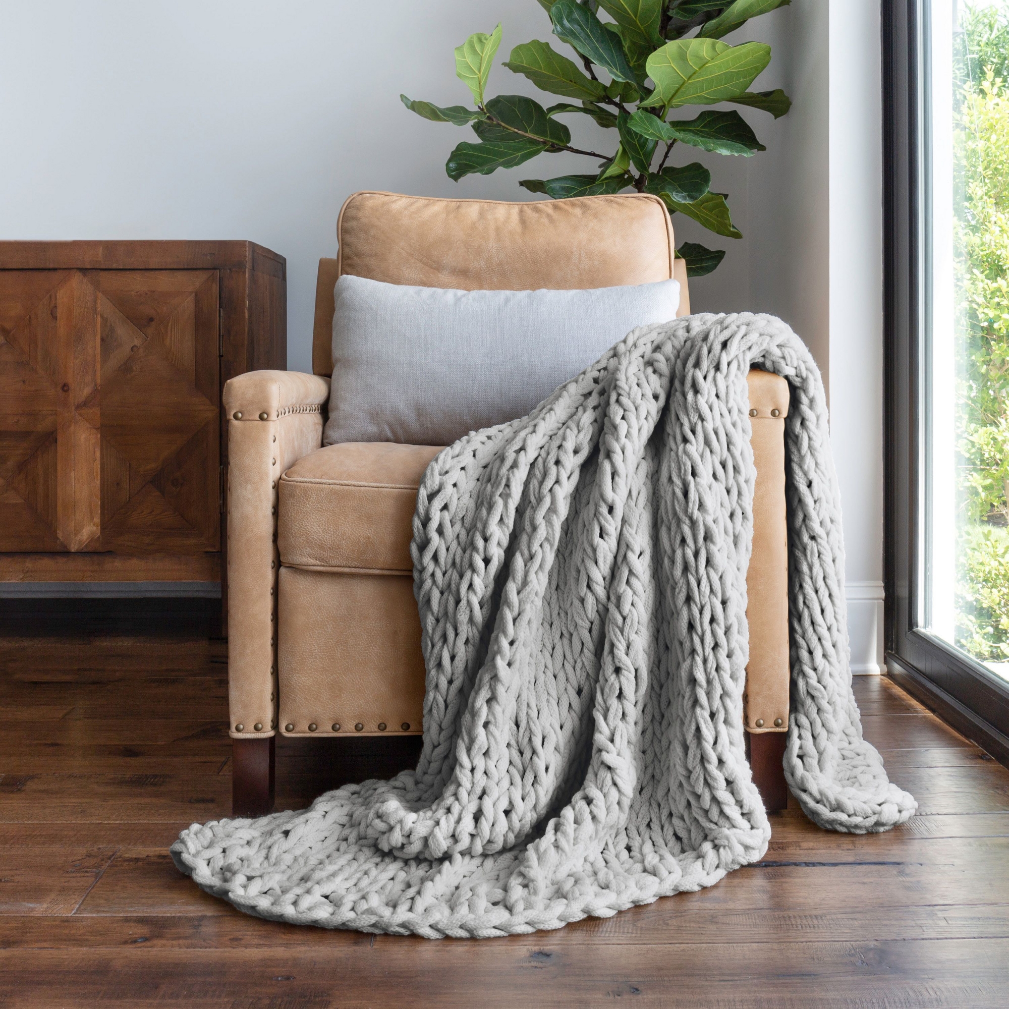Chunky Knit Throw Blanket Braided, Soft & Cozy - Becky Cameron, Light Gray, Throw