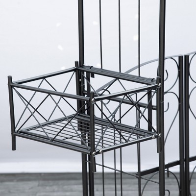 Black Metal Garden Arbor with Scrollwork Hearts and Planter Boxes