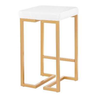 Set of 2 White Velvet and Gold Metal Counter Stools