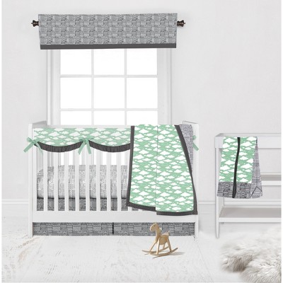 Bacati - Clouds in the City Mint/Gray 6 pc Crib Bedding Set with Long Rail Guard Cover