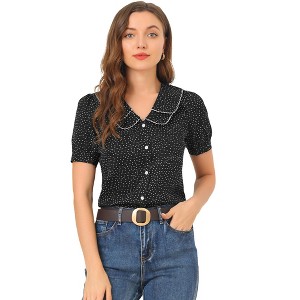 INSPIRE CHIC Women's Vintage Polka Dots Peter Pan Collar Puff Short Sleeve Shirt - 1 of 4