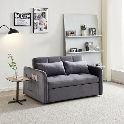 VASIP "55.5" Wide Twins Pull Out Sleeper Sofa Bed - Khaki Velvet Upholstered Convertible Couch for Small Spaces