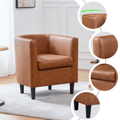 Brown Faux Leather Barrel Accent Chair with Manufactured Wood Frame