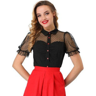 Allegra K Women's Mesh Sheer 1950s Retro Puff Sleeve Peter Pan Blouse