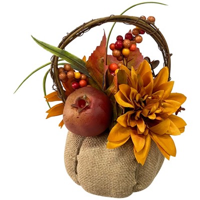 Northlight 9" Mixed Autumn Harvest Flora in a Pumpkin Basket Decoration