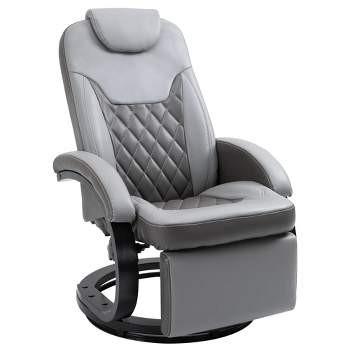 HOMCOM PU Recliner Reading Armchair with Footrest, Headrest and Round Steel/Wood Base for Living Room or Office, Gray