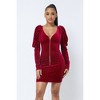 Slickblue Soft Velvet Pleated Puff Sleeve Mini Dress, Low V-Neck with Gold Zippers & Back Tie, Black/Nude/Red, Size S-L - 2 of 4