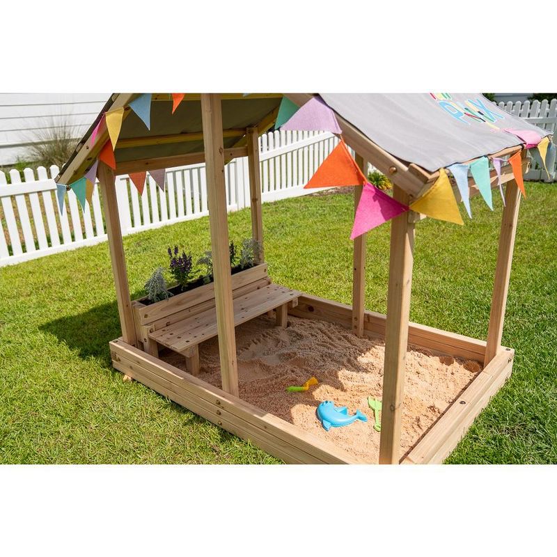 Funphix Dig n’ Play Wooden Sandbox Playhouse with Bench & Flower Planter, Outdoor Sand Pit for Kids, 6 of 12