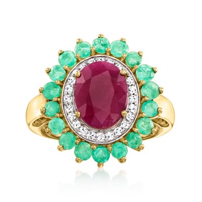 Ross-Simons 3.30 Carat Ruby Ring With 1.00 ct. t.w. Emeralds and .19 ct. t.w. Diamonds in 14kt Yellow Gold