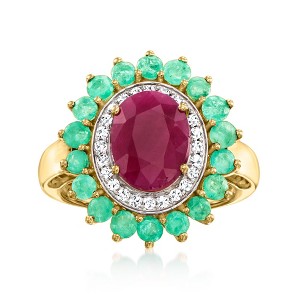 Ross-Simons 3.30 Carat Ruby Ring With 1.00 ct. t.w. Emeralds and .19 ct. t.w. Diamonds in 14kt Yellow Gold - 1 of 4