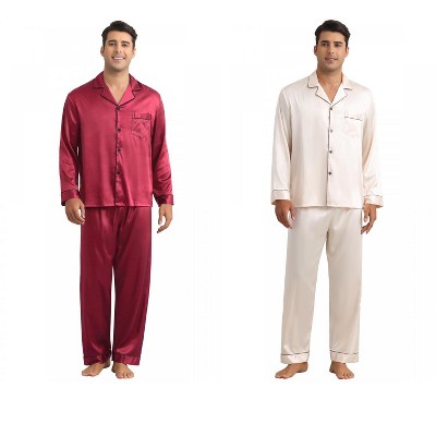 INSPIRE CHIC Men's 2 Pack Sleepwear Button Down Long Sleeve Classic Satin Pajamas Sets