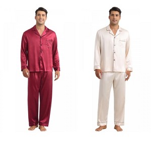 INSPIRE CHIC Men's 2 Pack Sleepwear Button Down Long Sleeve Classic Satin Pajamas Sets - 1 of 4