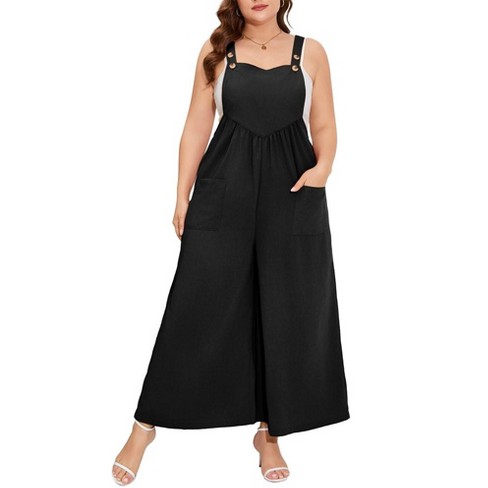 Whizmax Women's Plus Size Loose Sleeveless Jumpsuits Adjustable Spaghetti  Strap Stretchy Long Pant with Pockets Black 3XL