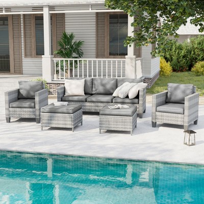 Sonkuki 5-Piece Patio Conversation Sofa Set Gray Rattan with Widen Armrest,