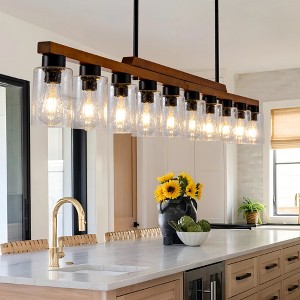 BAOURE 3-Light Farmhouse Wood Chandelier - 19.69" Rustic Rectangular Pendant Light - Black with Seed Glass Shades for Kitchen Islands & Dining - 1 of 4