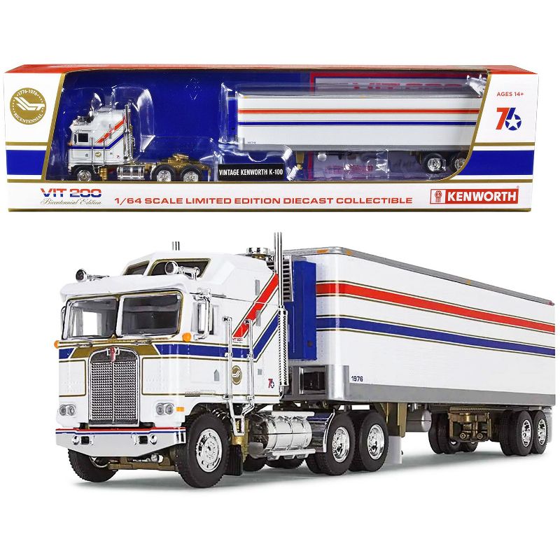 Kenworth K100 COE Aerodyne Sleeper and 40' Refrigerated Tandem-Axle Trailer White w/Stripes 1/64 Diecast Model by DCP/First Gear, 1 of 4