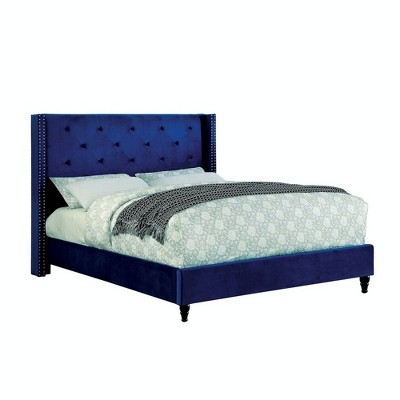 Eastern King Bed with and Platform Style and Button Tufted Wingback Blue - Benzara