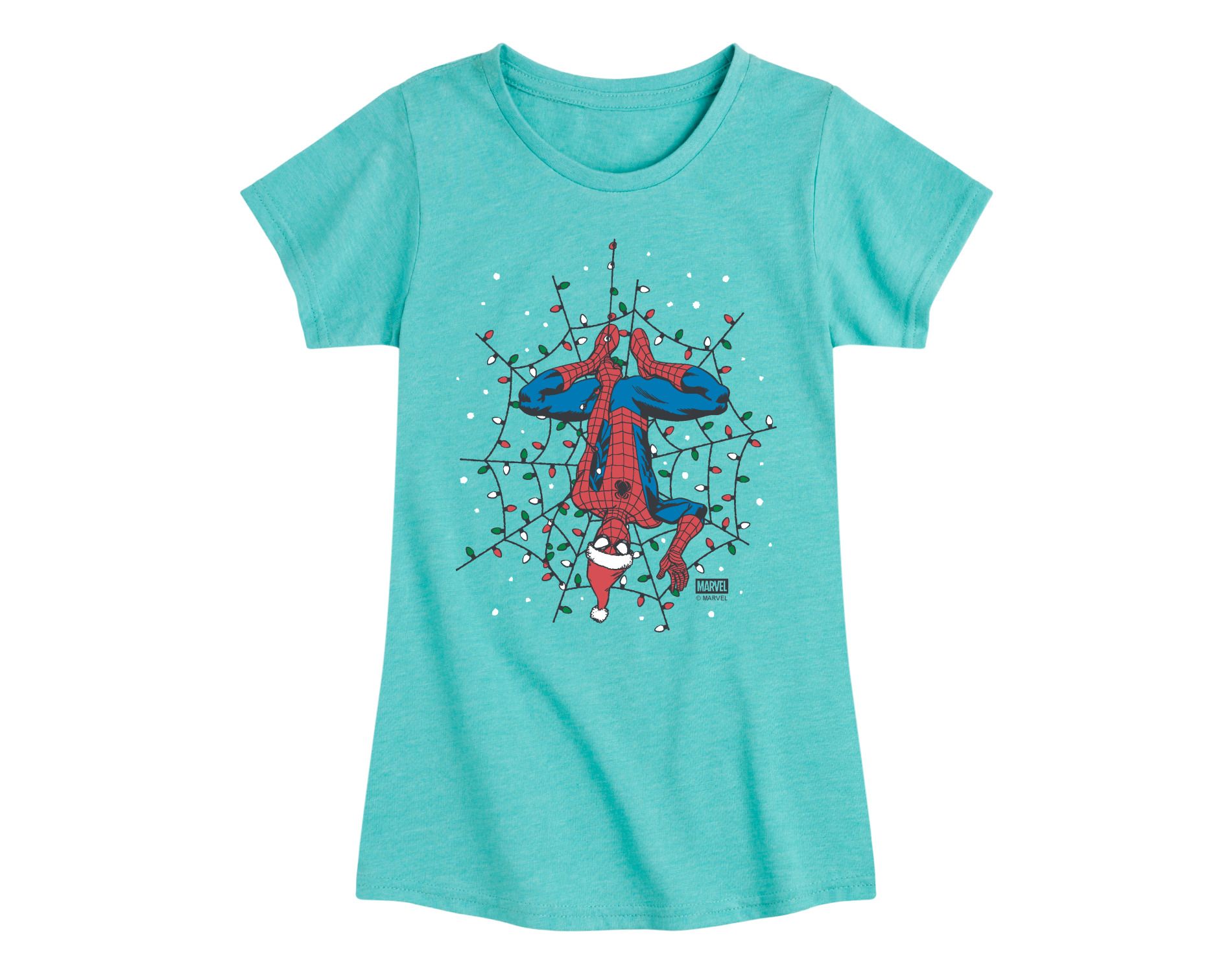 Girls' Marvel Holiday Lights Spider Man Fitted Short Sleeve Graphic T-Shirt - Turquoise - Medium