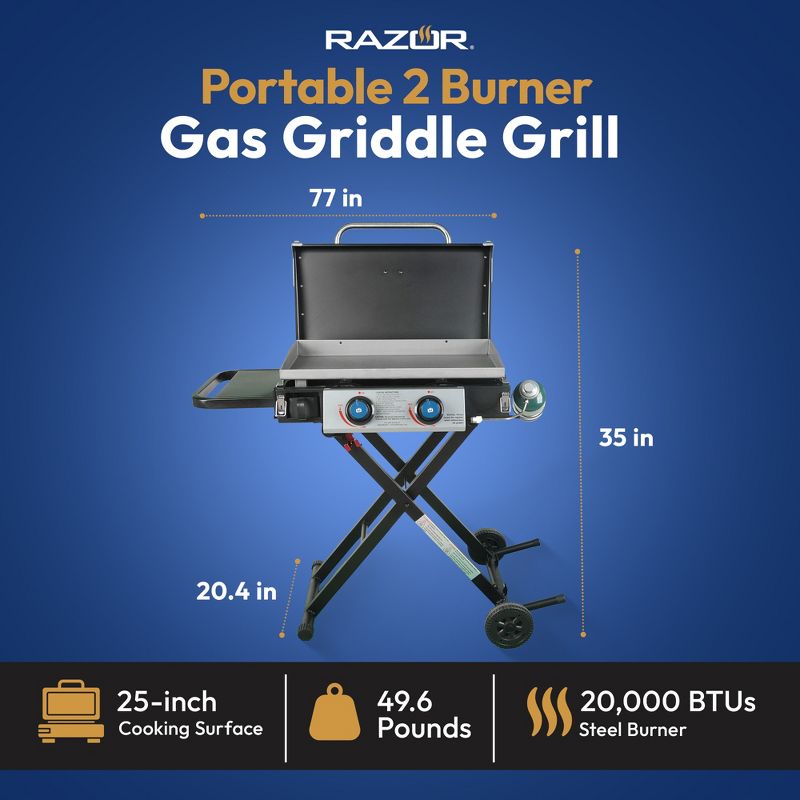 Razor Griddle Outdoor Steel Burner Propane Gas Grill Griddle with Wheels and Top Cover Lid Folding Shelves for Home BBQ Cooking, 4 of 8