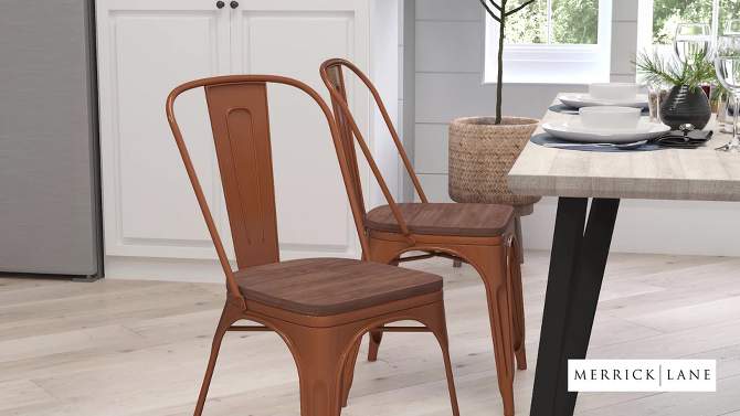 Merrick Lane Calumet Metal Stacking Chair with Curved, Slatted Back and Rustic Wood Seat, 2 of 9, play video