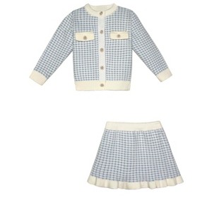 Light Blue Houndstooth Knit Cardigan and Ruffle Skirt Set Mia Belle Girls - 1 of 3