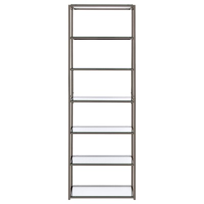 Elegant Black Nickel 6-Tier Bookcase with Tempered Glass Shelves